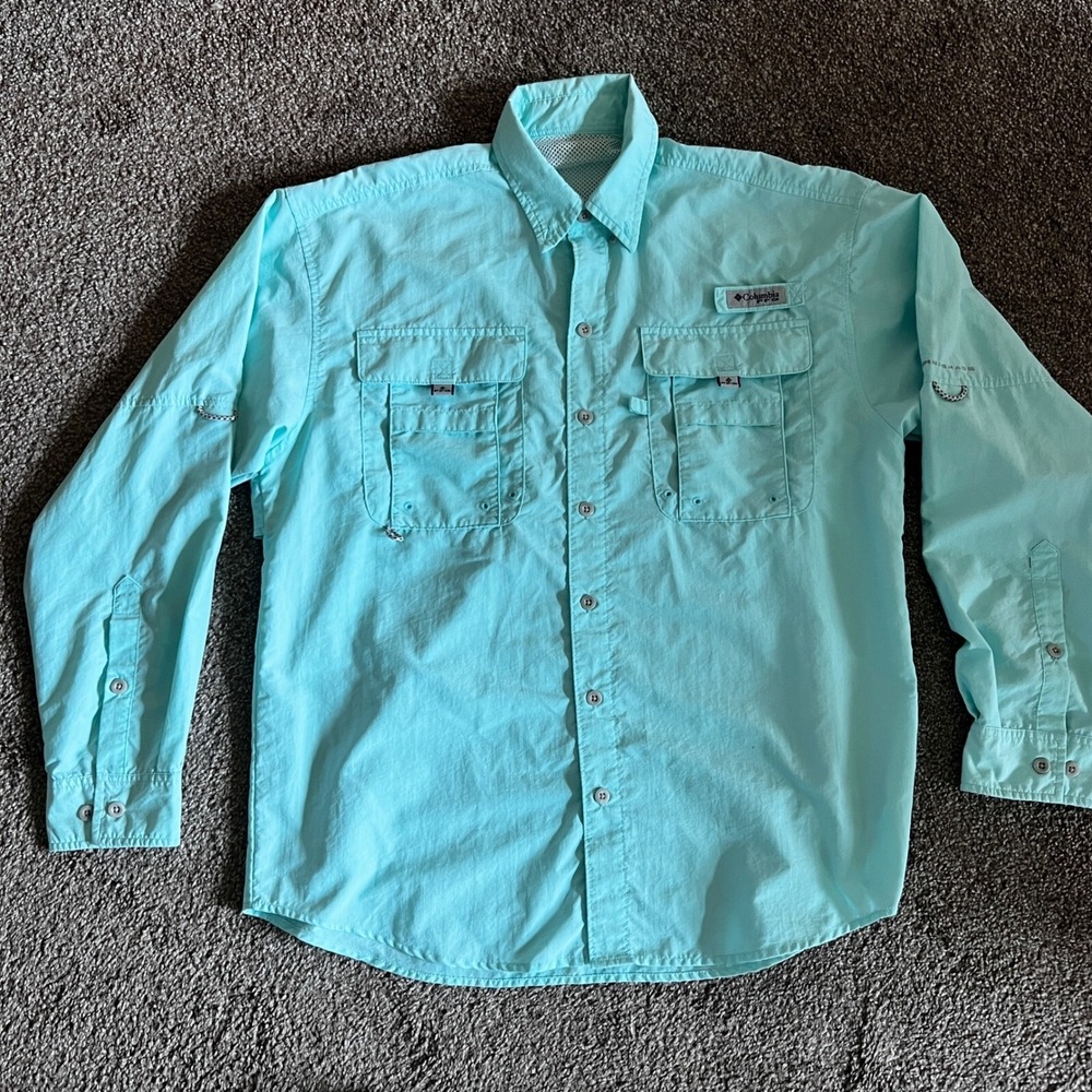 Columbia‎ PFG Fishing Shirt Omni-Shade Teal Roll-Up Long Sleeve Button Up